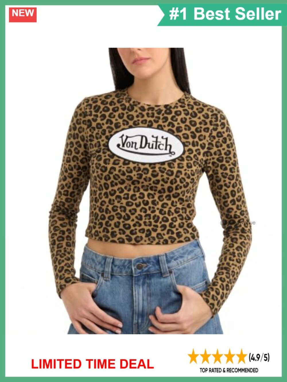 Von Dutch All-Over Cheetah Print Long Sleeve Stretch Jersey Top with Logo Patch